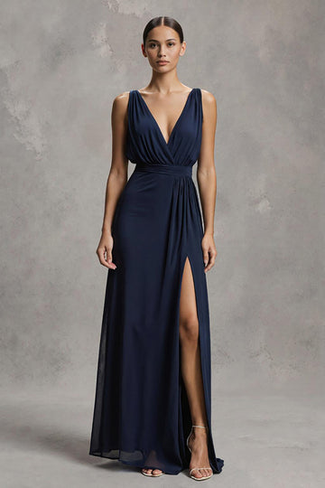 Navy A-Line V Neck Formal Dress With Slit